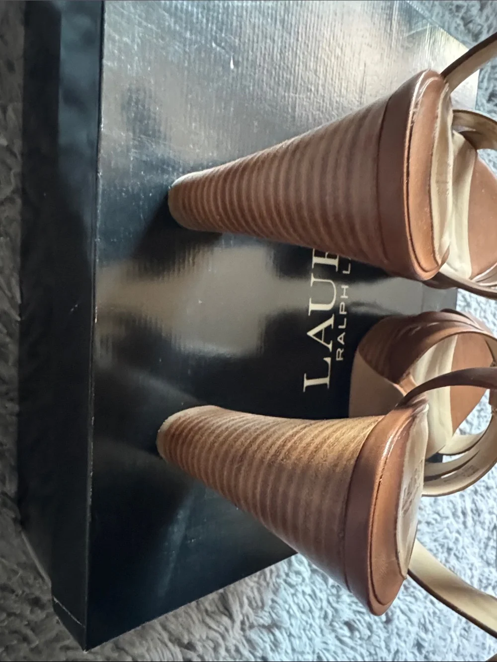 Lauren Ralph Lauren Soffia Tan Leather Strappy Block Heel Sandals Size 9